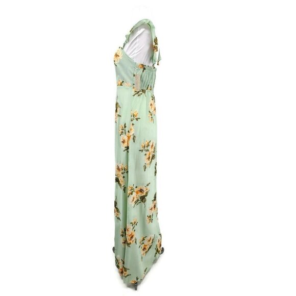 New Flynn Skye Bardot Maxi Dress Womens M Mint Gatherings Slit Rayon Green Flora - Picture 2 of 7